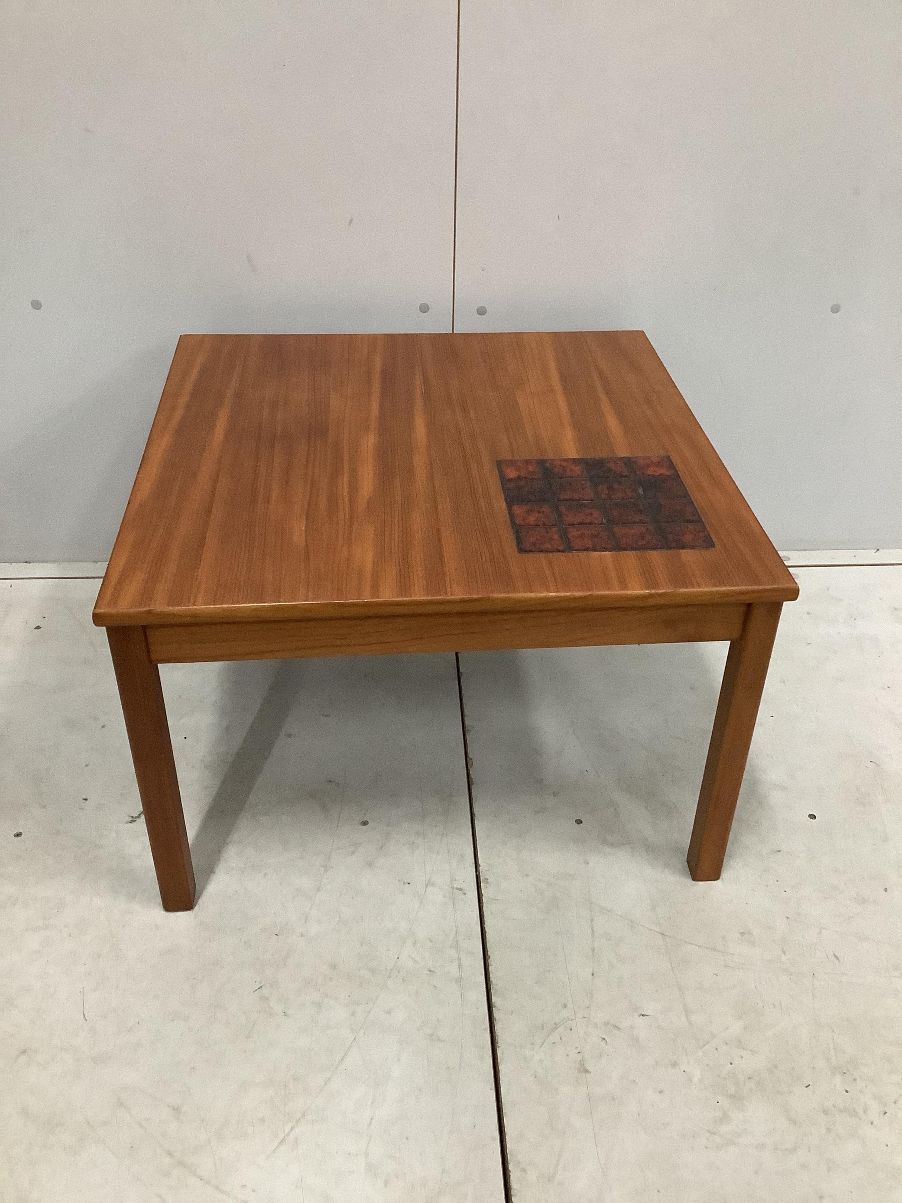 Two square Danish teak coffee tables, larger 77cm, height 45cm. Condition - good